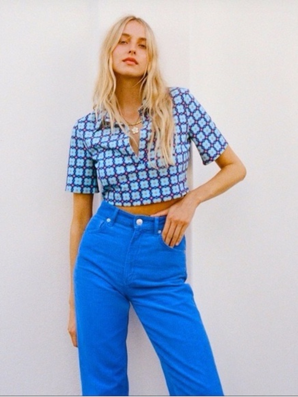 NWT Zara - Cropped Geo-Print Polo Top in Light Blue